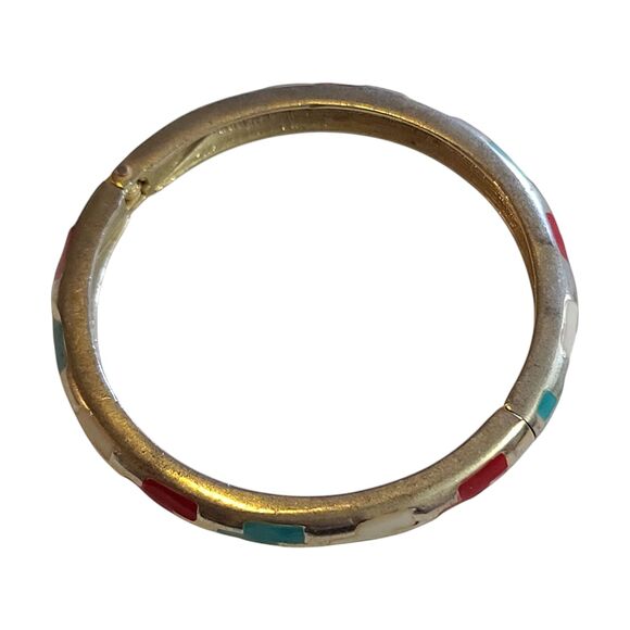 Vintage Silver Tone Hinged Enamel Bracelet Aztec Pattern - Picture 2 of 8